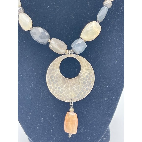 Peach and Gray Stone Necklace with Round Hammered Metal Pendant - Picture 2 of 5